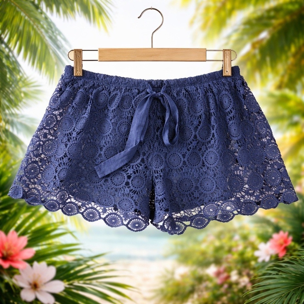 Cavalini 3X Navy Blue Crochet Lace Overlay Shorts Ribbon‎ Tie Scalloped Hem NWT